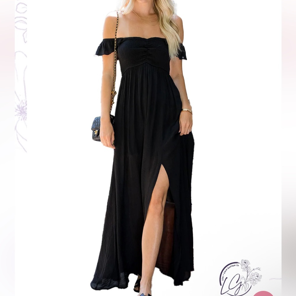 Women’s Black Smocked Ruffle Sleeve Maxi Dress S